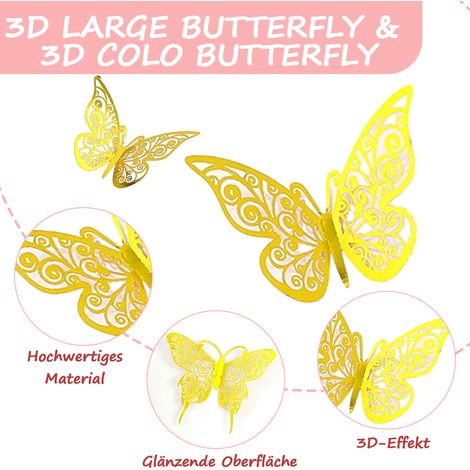 Décoration papillons 3D, 36 pièces dorées, 3 modèles différents, autocollants papillons 3D pour décoration murale, idéale pour la maison, les fêtes et les mariages. (1/5)