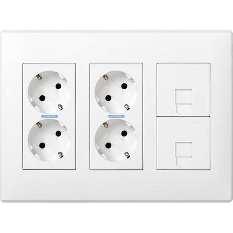 Caja con 6 mecanismos, 4 Schuko blancos + 2 Rj45, montaje empotrado o superficial. Blanco. Simon 500 Cima (1/2)