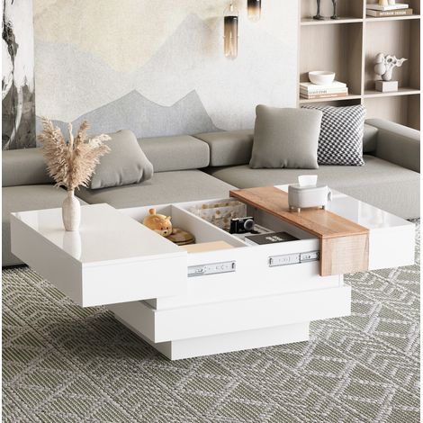 Mesa de centro cuadrada extensible 70 x 70 x 39 cm, almacenamiento oculto, blanco OKMYHOME (1/5)
