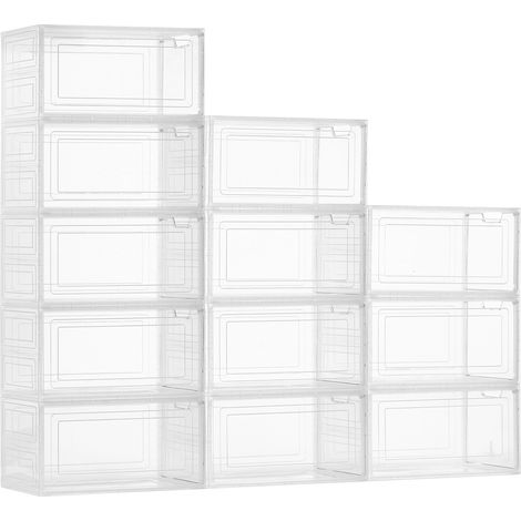 VEVOR Scatole Porta Scarpe, Adatte Fino alla Taglia 13 USA, Scatole Porta Scarpe Trasparenti Impilabili, 12 PZ con Porta Magnetica, Contenitori in Plastica per Stivali e Cappelli, Bianco Trasparente