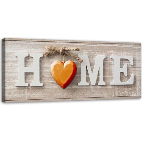 Image sur toile, Inscription Maison avec un coeur orange sur bois clair - 90x30 (1/5)