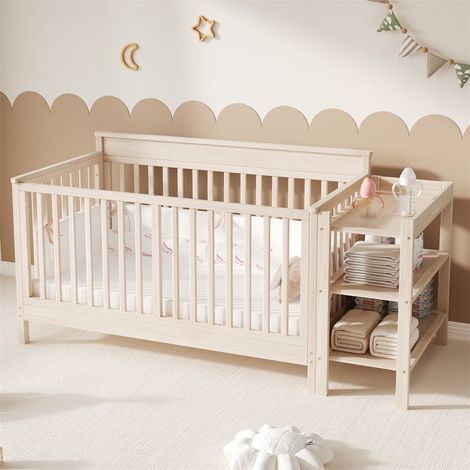 Lit Bébé Évolutif 3-en-1 - 184,5x74,5x90cm - avec Table à Langer et Rangement - Convertible en Cododo et Canapé - Pin Massif - Naturel