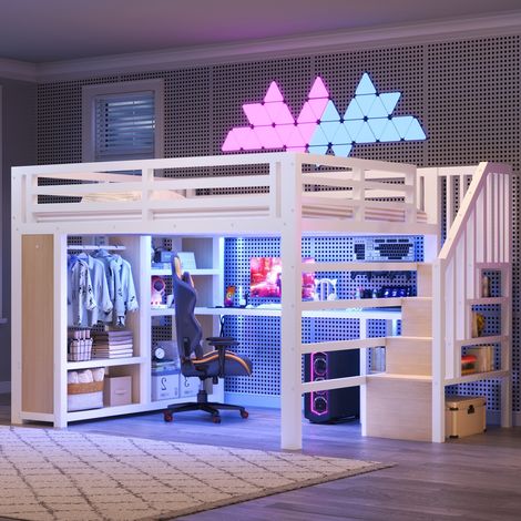 Lit mezzanine gaming en métal 160x200cm - bureau, garde-robe, éclairage LED et port USB, escalier et rangements, blanc (1/5)