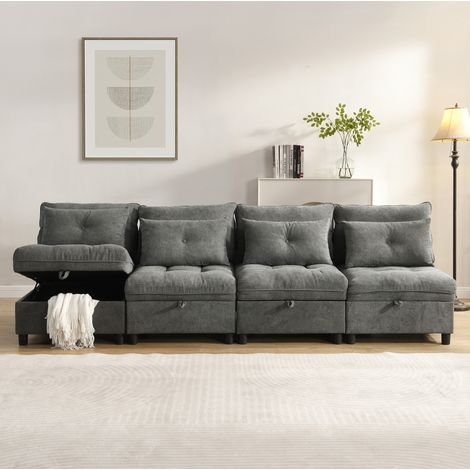 Divano modulare 4 posti scomponibile con contenitore, letto, ciniglia grigio (1/5)