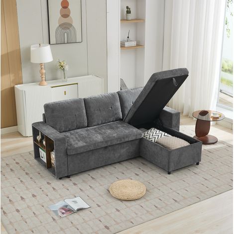 Canapé d'angle 3 places, convertible avec rangement, en chenille, gris (1/5)