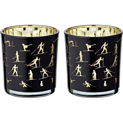 Lot de 2 Photophores en Verre Cristal Noir et Or H8 cm avec Motifs Ski et Lapin Monty - PANGIVO (1/5)