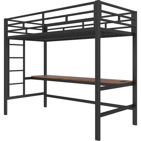 Cama alta 90 x 200 cm de metal negro con escritorio, escalera, barandilla, LED APP, USB y toma (1/5)