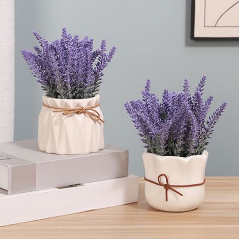 Bouquet Artificiel - Pot En Plastique Blanc - Fleur Pour Décoration Intérieure - Lavande Simulée - 20x15x15 cm - 1 Pièce (1/5)