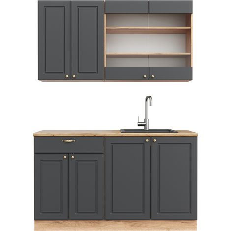 Cocina para solteros Fame-Line, Antracita Casa de campo/Roble kraft dorado, 140 cm sin encimera, Vicco