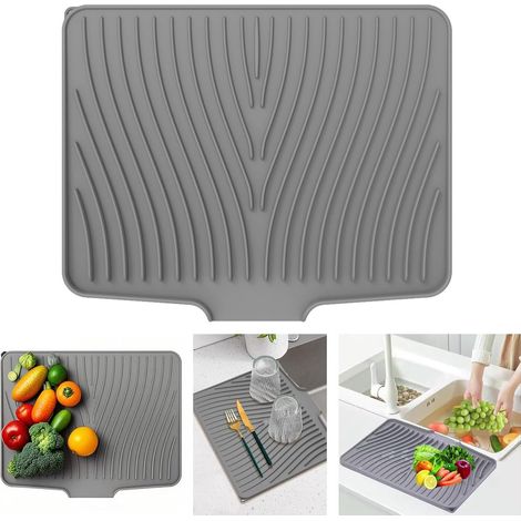 Alfombrilla de silicona para encimera de cocina con orificios de drenaje antideslizantes, apta para uso alimentario, inodora y fácil de limpiar (gris). (1/4)