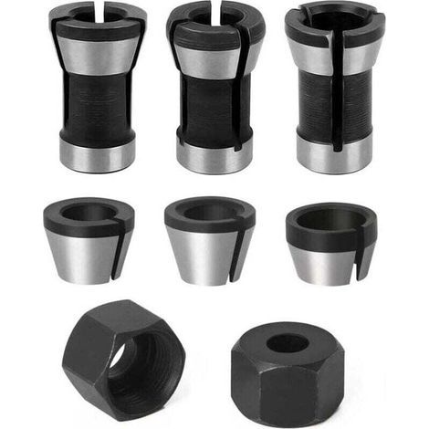 Set di 6 teste mandrino in acciaio, 6 mm, 6,35 mm, 8 mm, adattatore/convertitore + 2 dadi per trapani, macchine per incisione, rifilatrici, utensili per la lavorazione del legno, morsetti per fresatri (1/4)