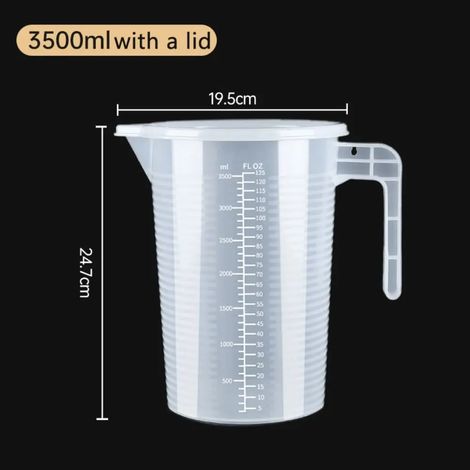 Gobelet doseur (3500 ml avec couvercle) en plastique transparent, bécher de laboratoire gradué, récipient de mesure pour la cuisine et la pâtisserie. (1/5)