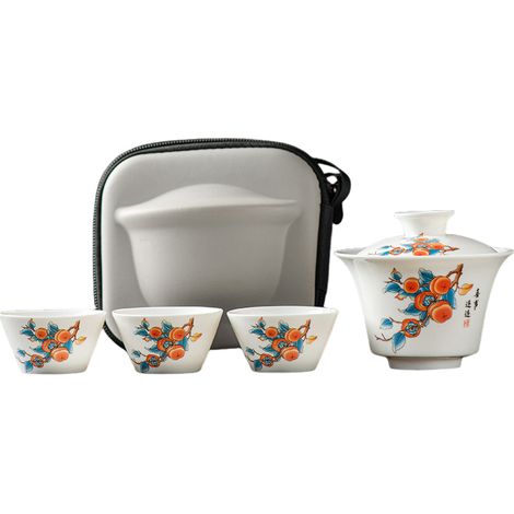 Juego de té de porcelana blanca Suet Jade, juego de viaje portátil para exteriores que consta de una tetera y tres tazas de cerámica, estilo Kung Fu. (1/5)