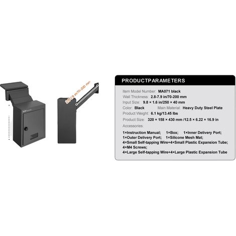 Buzón de pared, acero resistente, cerradura de combinación, negro. (1/2)