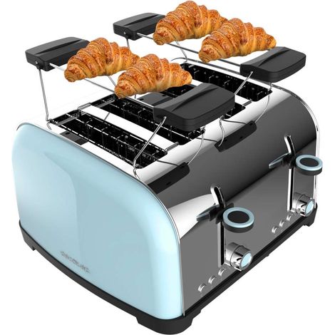 Cecotec Tostapane in acciaio con quattro fessure corte, potenza di 1700 W e griglia scaldabrioche.