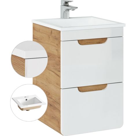 Waschtisch 42 cm mit Keramik-Waschbecken LUTON-56 Hochglanz weiß mit Wotan Eiche Nb. B/H/T ca. 42/60,5/42 cm (1/5)