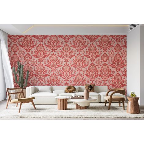 Papier peint baroque - damas classique rouge et blanc - 300 x 250 cm (1/2)