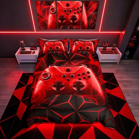 Housse de Couette pour Enfants, Manette de Jeu vidéo, Boutons d'action, Couvre-lit, Doux et Lumineux Rouge (1/5)