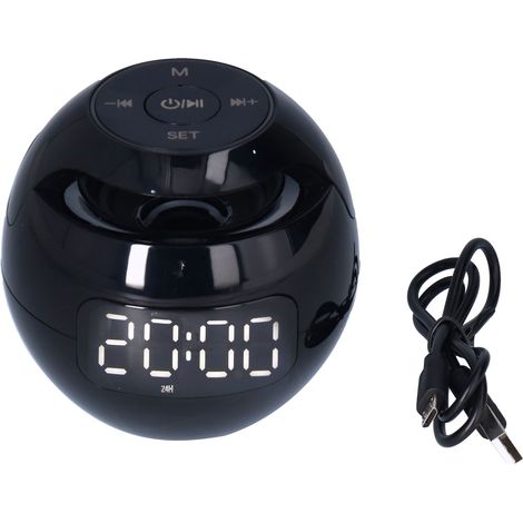 Multifunktionaler Bluetooth 5.0 Wecker – Tragbarer, kabelloser, kugelförmiger Lautsprecher mit Uhr und Wecker, wiederaufladbar für Büro und Schlafzimmer, Schwarz G90S