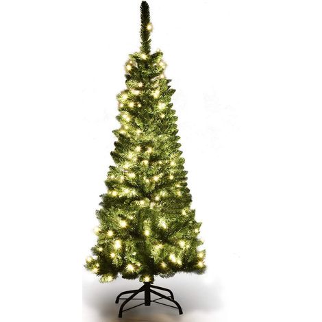 COSTWAY 135cm Bleistift Weihnachtsbaum mit warmweissen LED-Leuchten, künstlicher Tannenbaum mit Klappsystem und Metallstaender, Christbaum PVC Nadeln, Kunstbaum Weihnachten Grün (1/5)