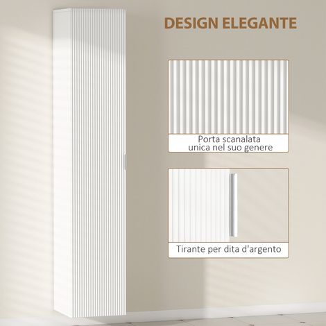 Étagère murale blanche pour salle de bain, 30 x 31,5 x 160 cm, avec tablettes ajustables et porte amorti, rangement vertical.