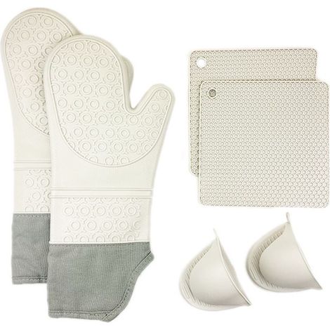 Ofenhandschuhe und hitzebeständige Silikon-Topflappen, Küchenhandschuhe, rutschfest, hitzebeständig bis 230 °C, mit Baumwolle gefüttert, ideal zum Grillen, Backen und für die Zubereitung von Gebäck, 6 (1/5)