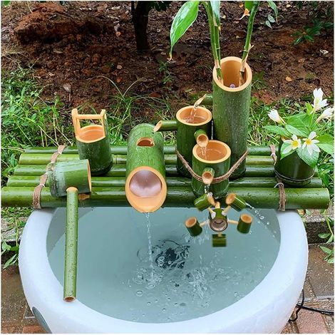 Fontaine en bambou avec jet d'eau - Décoration de jardin d'intérieur avec pompe pour bassin et paysage aquatique de cour