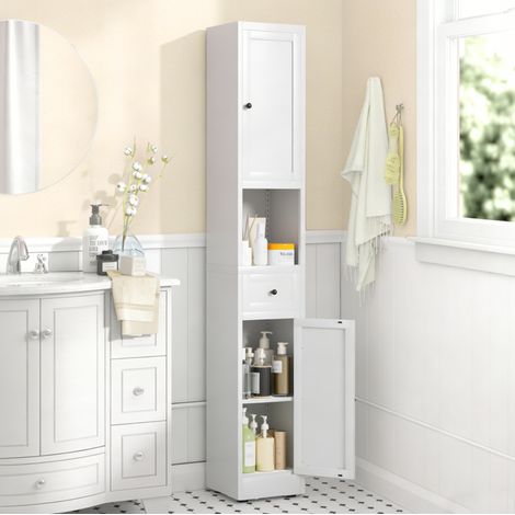 Armario estrecho de 30x30x180,34 cm con 5 estantes, 2 puertas y estantes ajustables, estructura metálica blanca. (1/5)