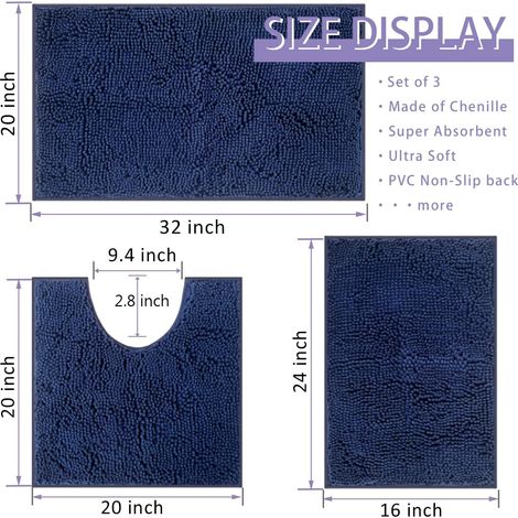 Lot de 3 tapis de bain antidérapants et lavables pour la salle de bain, douche, baignoire, décoration WC (bleu foncé)