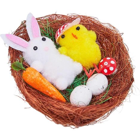 Pâques fourrure poussins mini peluche Simulation poussin lapin décoration avec Nest poilu Animals jouet Pâques œuf Filler pour enfants DIY maison jardin décoration,D (1/5)