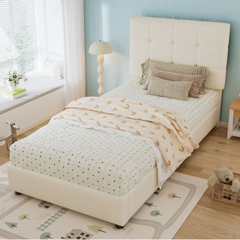 Cama infantil tapizada de PU beige 90x200 cm con cabecero acolchado y somier de láminas (1/5)