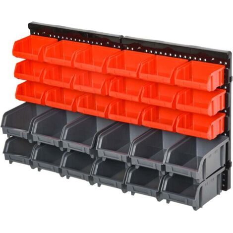 Système de rangement mural avec étagère et boîtes empilables, 30 boîtes, 2 panneaux perforés, 37,5 cm x 18 cm x 63 cm, rouge + gris + noir