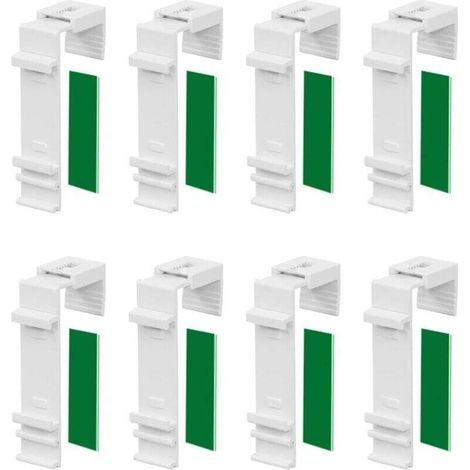 pair Un ensemble de 8 supports de fixation longs pour rideaux double couche, qui peuvent être fixés et collés sans perçage, adaptés à une installation sur fenêtres en PVC et portes-fenêtres.