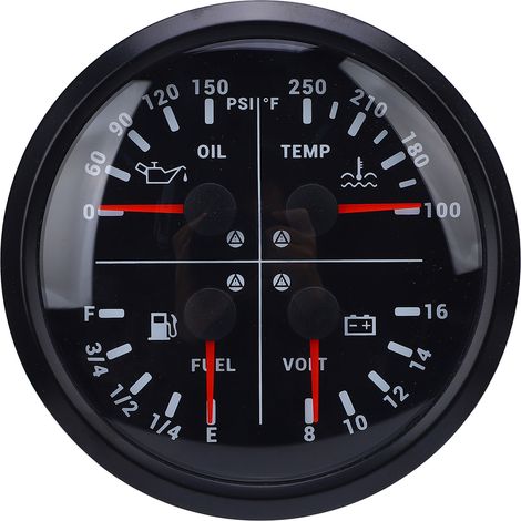 110 mm (4 3/8 Zoll) Multifunktionsanzeige, 12 V Gleichstrom, Öldruckanzeige (0–150 PSI), Kraftstoffanzeige, Wassertemperaturanzeige (100–250 °F), 8–16 V Voltmeter für Wohnmobil, Boot, LKW, schwarze Zi