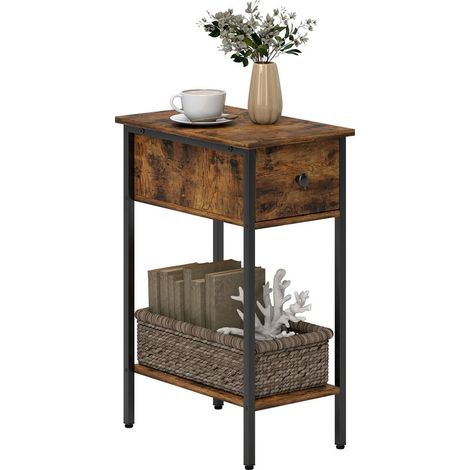 Table d'appoint avec compartiment ouvert et tiroir, table de chevet, pieds en métal, bois, marron (1/5)