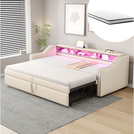 Canapé lit gigogne, 2 en 1, Extensible, lit 90/180 x 200 cm, avec lumières LED et rangement, deux matelas à ressorts,beige (1/5)