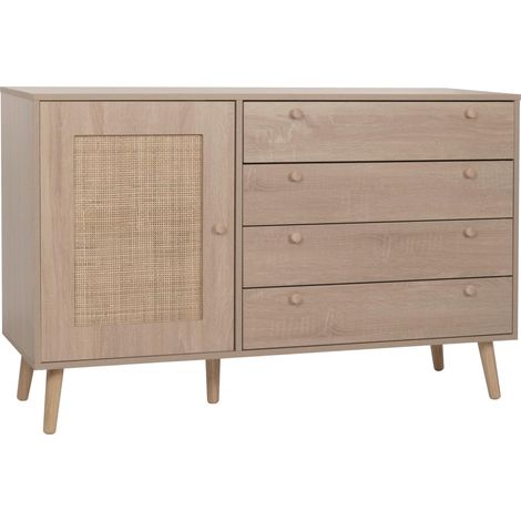 Sideboard HWC-M43, Armoire Commode Highboard, tiroirs de rangement, Kubu rotin bois mélaminé, aspect chêne