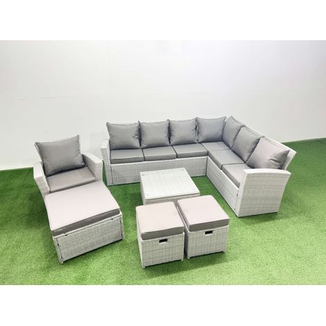 Fimous Rattan Garden Outdoor Furniture Set 10 Seater Rattan Garden Sofa Set with Armchair 3 Footstools Light Grey Mixed (1/4)