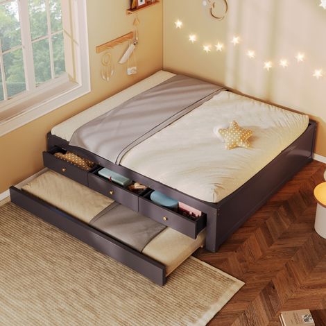Cama nido 140x200 cm de madera color café con 3 cajones, sin colchón – MEUBLIV (1/5)