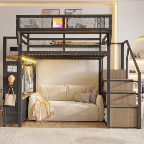 Letto a soppalco 140x200 cm con illuminazione a LED e vano contenitore, ripiani, cassetti in tessuto, struttura in metallo - nero (1/5)