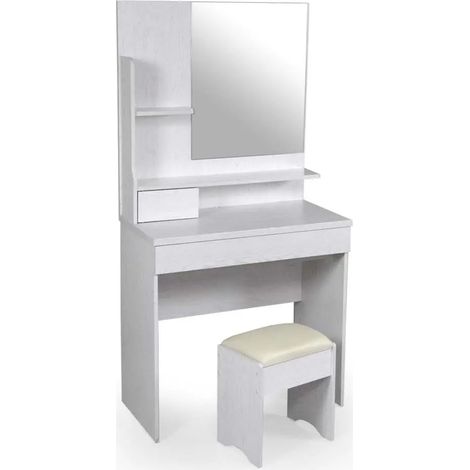 Toilette aus Holz Atena mit Spiegel und gepolstertem Hocker, 80 x 40 x 155 cm, in Weißholz