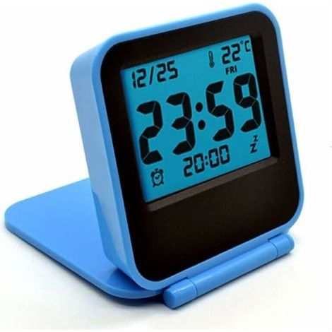 Mini kleine digitale Reisewecker mit LCD-Nachtlicht, batteriebetriebene Reiseuhr, Mini tragbare faltbare Taschentemperaturuhr für draußen, Bett, Schreibtisch, Tisch, Wohnmobil (blau)