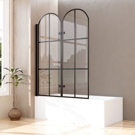Duschwand für Badewanne Schwarz 120x140 cm 2-teilig Faltbar Badewannenfaltwand Badewannenaufsatz Duschtrennwand Duschabtrennung mit 6mm ESG Sicherheitsglas, Bogenförmig