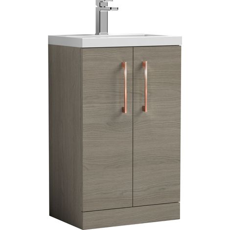 Balterley Bramshall Compact Bathroom Cloakroom Vanity Basin Unit with Ceramic Basin, Copper Handles, 500mm, Mid Oak