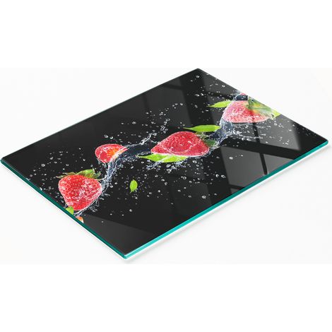 Planche de service en verre pour la cuisine, motif fraises et eau, 80 x 52 cm (1/5)