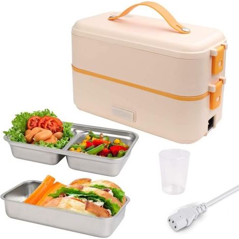 Bento Lunch Box Chauffante Electrique, 220V 300W 0.8L Boîte Repas, 2 Couches Compartiment,PTC Chauffe Plat Electrique, Jaune (1/4)