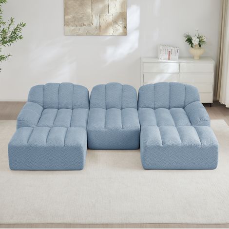 Sofá modular en U de 3 plazas con 2 otomanas, espuma 32D, tejido azul suave, REDOM (1/5)