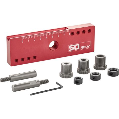 SOTECH Bohrschablone 145 x 15 x 45 mm für zentriertes Bohren am Korpus von 6/8/10 mm, für Push to Open Türdämpfer geeignet, Bohrlehre mit Tragekoffer (1/5)