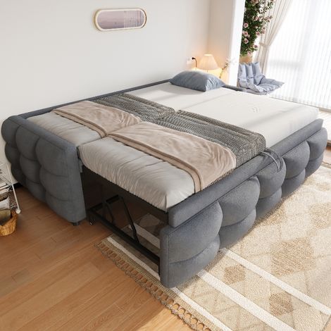 Ausziehbares Schlafsofa Polsterbett mit Lattenrost 90/180x190 cm, Multifunktionsbett aus Teddy Samt Grau, Platzsparendes Gästebett (1/5)