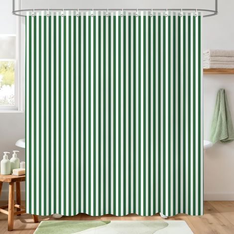 Rideau de douche, 180 x 200 cm, vert et blanc, rayé, anti-moisissure, imperméable, en polyester, pour baignoire et douche, rideau en tissu opaque, lavable, 12 anneaux (1/5)